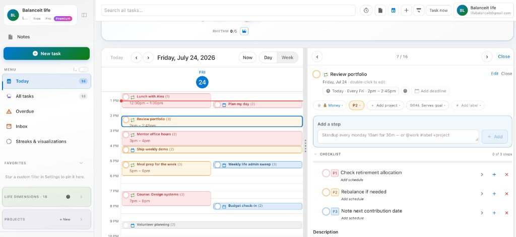 BalanceIt weekly calendar with a task detail panel open